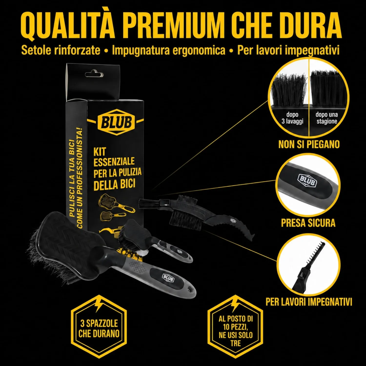 BLUB kit pulizia bici 3 spazzole MTB setole rinforzate