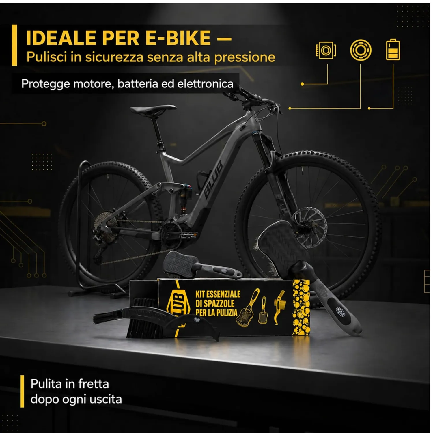BLUB kit pulizia bici 3 spazzole MTB setole rinforzate
