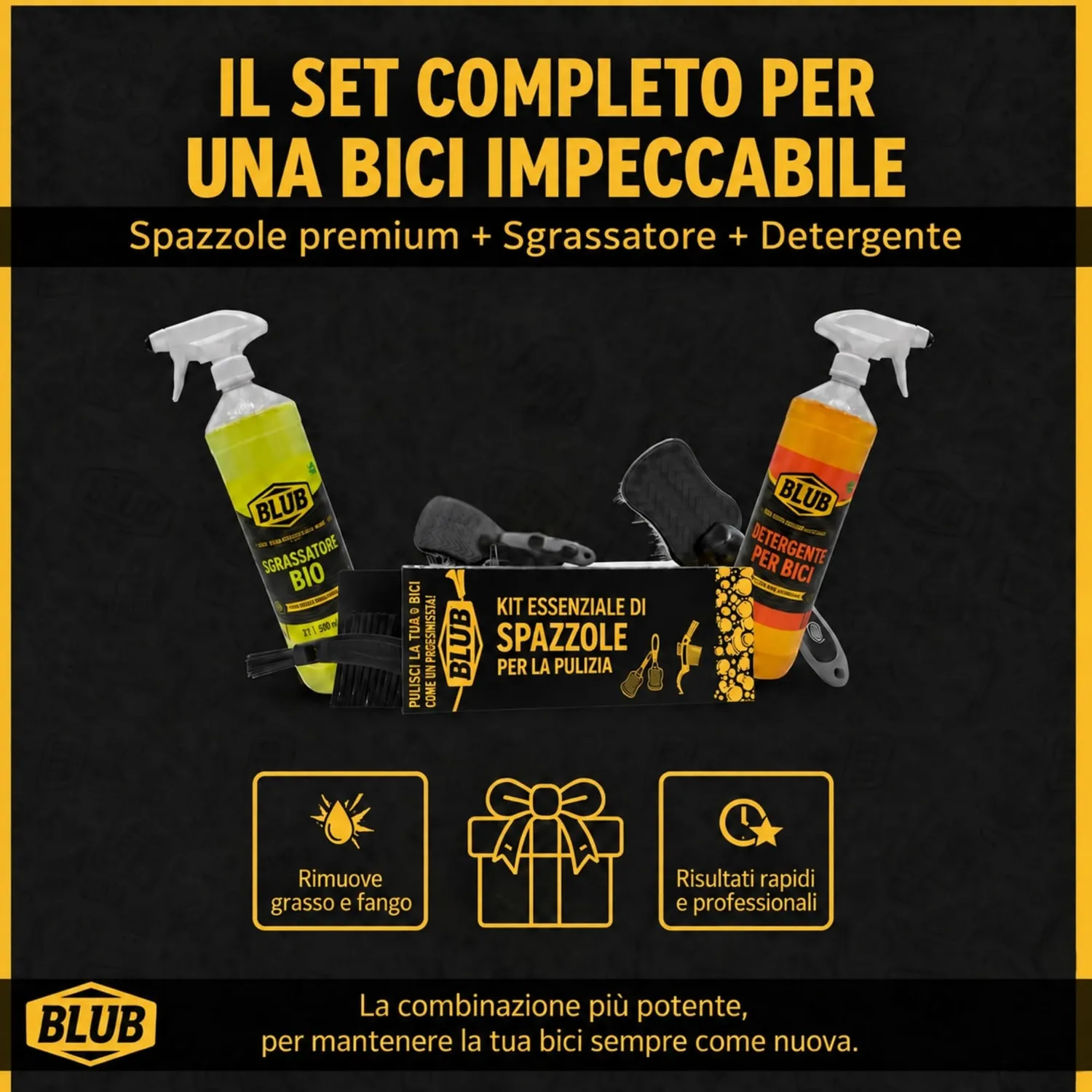 BLUB kit pulizia bici 3 spazzole MTB setole rinforzate
