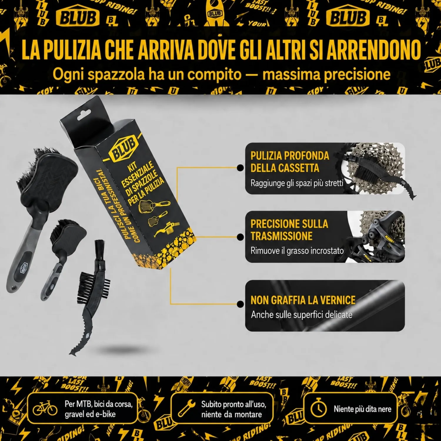 BLUB kit pulizia bici 3 spazzole MTB setole rinforzate